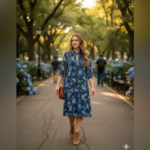 MICHEL STUDIO Blue Floral Midi Dress 3/4 Sleeve Fully Lined US Sz 12